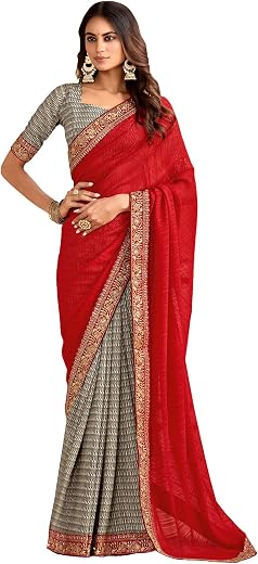 AKHILAM Women's Georgette Ethnic Motif Print Embroidered Lace work Saree With Unstitched Blouse Piece | saree for woman | ...