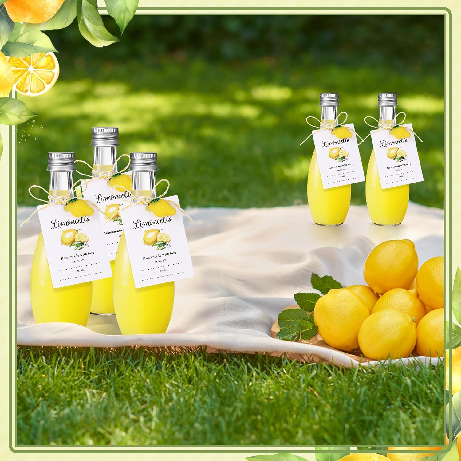 LemonRoad 24 Sets 1.7 oz Limoncello Glass Bottles, Empty Small Clear Liquor Bottles with Tags, Mini Resin Lemon Charms, Rope for Homemade Limoncello Brewing Beverages Gifts(Retro,Metal Lid)