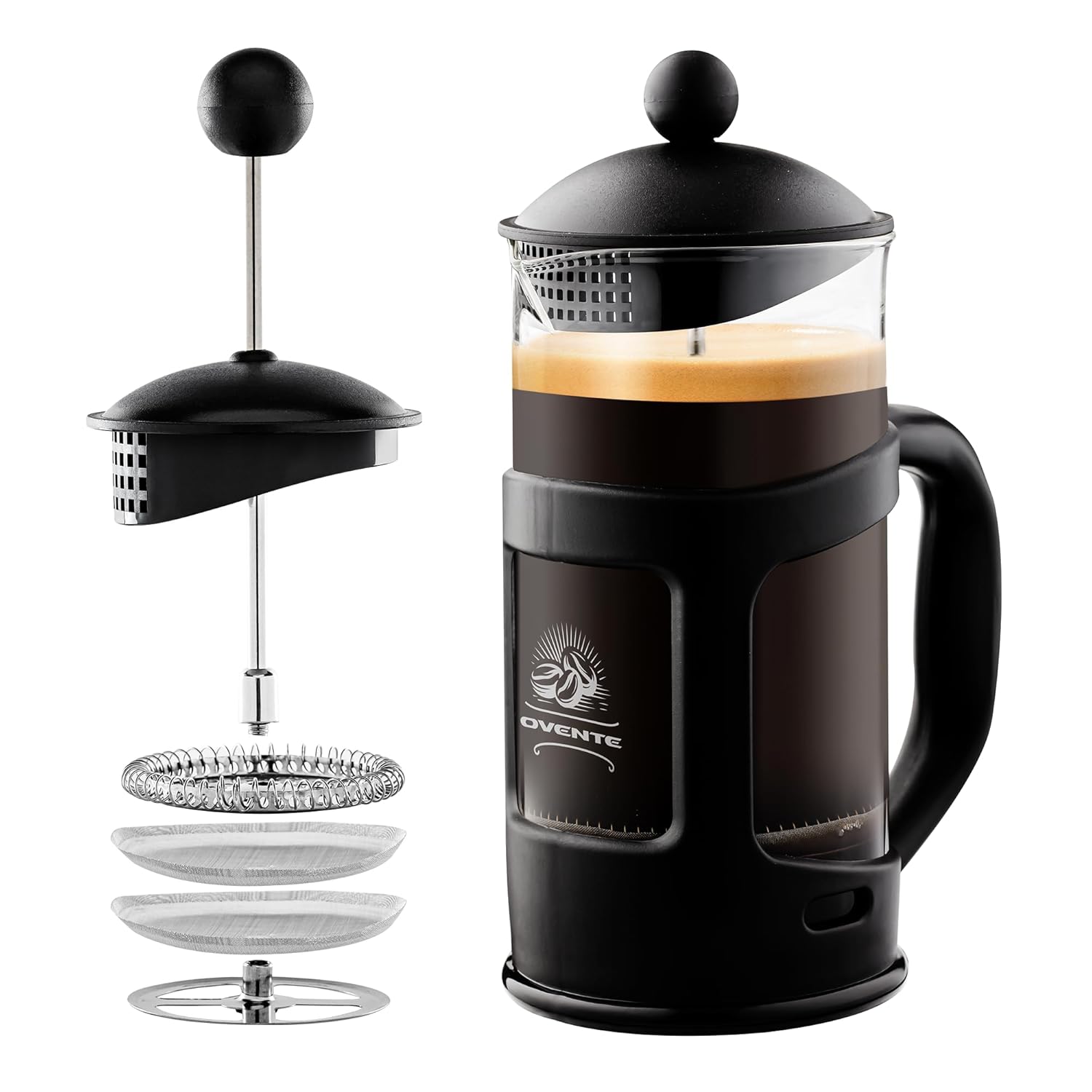 OVENTE French Press Coffee Maker 34 Ounce with Heat Resistant Borosilicate Glass & Stainless Steel 4-Level Filtration System, Portable Cold Brew Coffee Maker for Travel, Camping or Gift, Black FPT34B