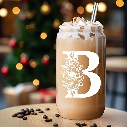 Miniatura 7 de Coolife Vaso de vidrio con inicial, regalos con monograma para mujer, tazas de vidrio de 16 onzas con tapas y pajitas, vaso de cerveza para batido