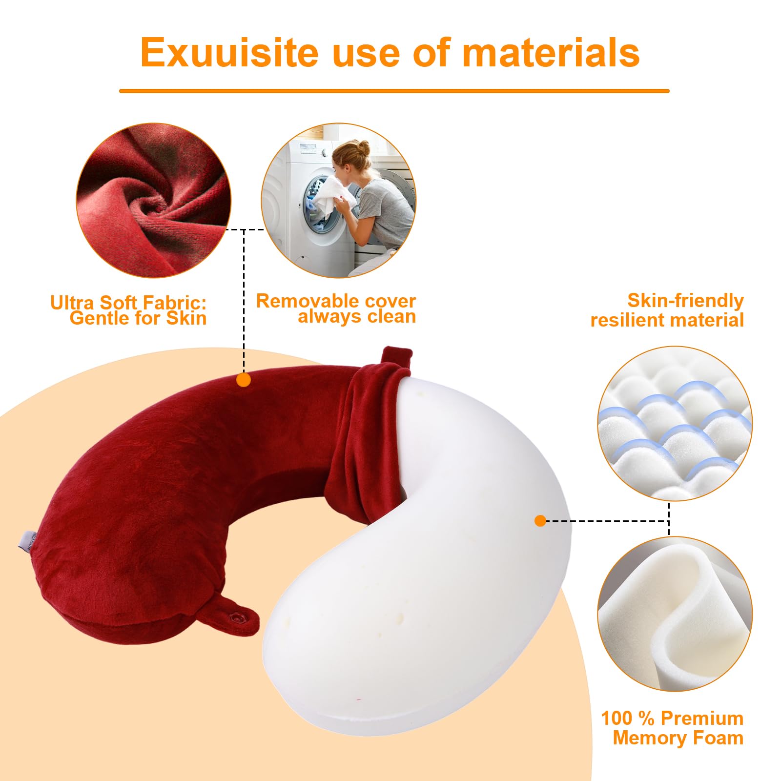 Far win Cuscino da viaggio, 100% pura memory foam, cuscino per il collo a forma di U, super leggero, portatile, ideale per sedia di aereo, auto, casa, ufficio, cuscino per dormire (rosso)