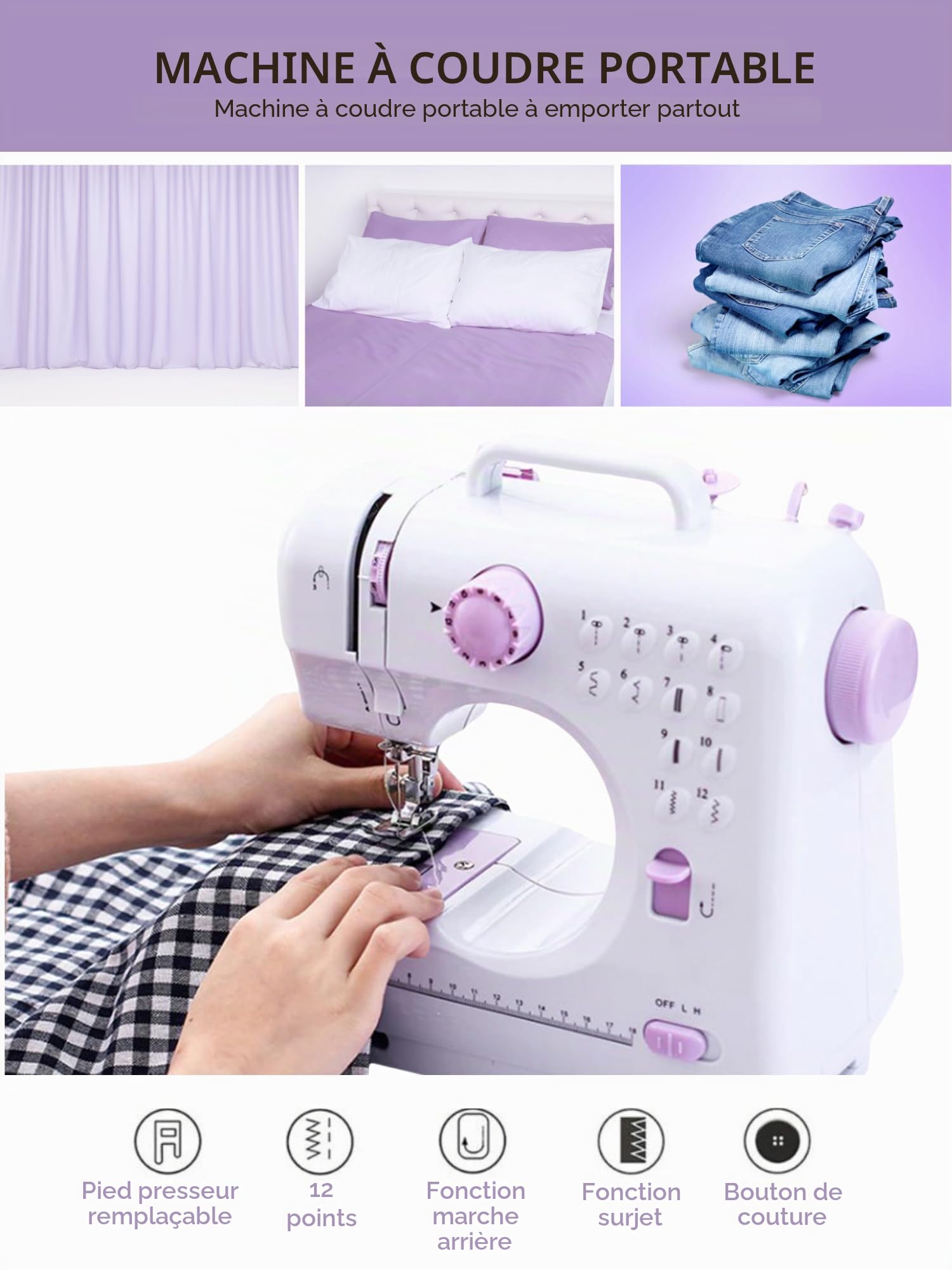 Machine à coudre portable avec 2 vitesses et 12 points. Comprend une pédale, un kit de couture, une lumière de travail et un coupe-fil. Fonctionne avec câble ou piles AA (non incluses)