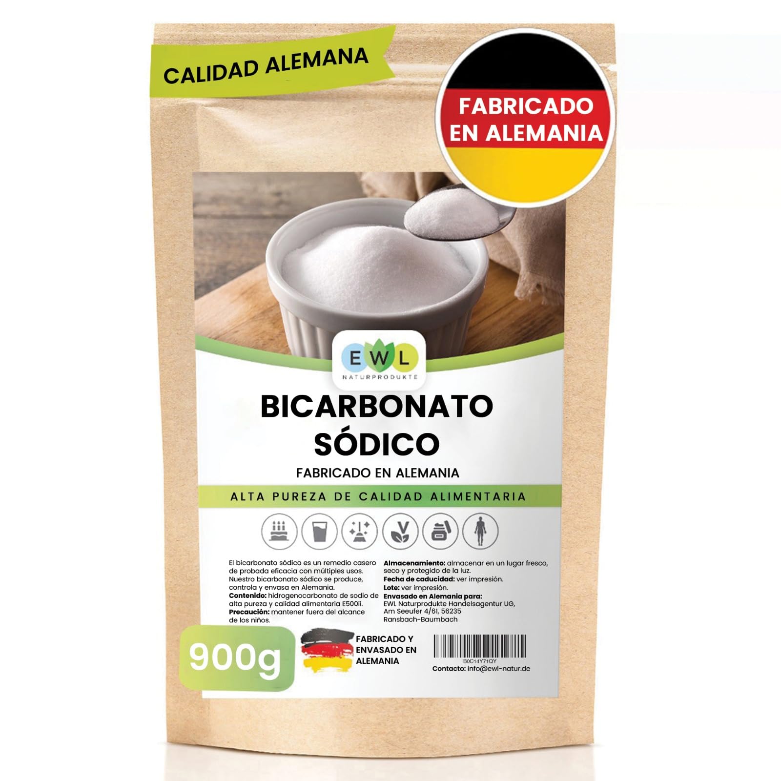 EWL Naturprodukte Bicarbonato de Sodio 900 g, Levadura en Polvo de alta Pureza y Calidad Alimentaria Alemana, Baking Soda