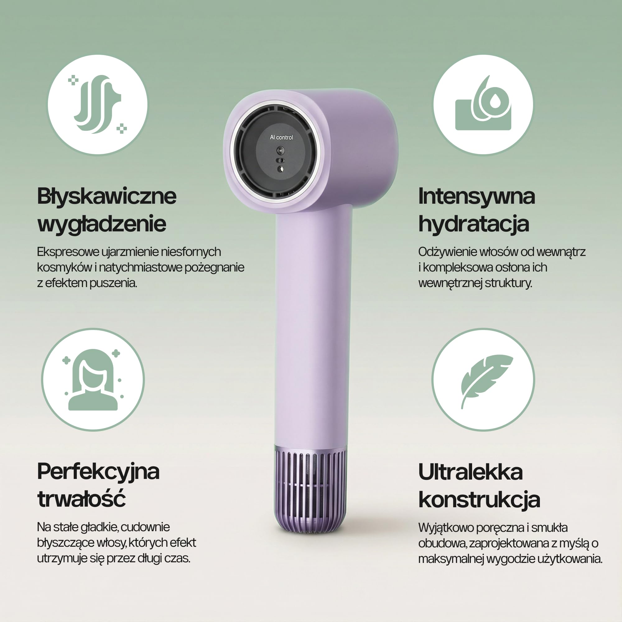 4Swiss Suszarka do Włosów Jonowa do Włosów Hair Dryer Wygładzająca Mała Podróżna Hairdryer Cicha Poręczna Lekka Regulacja Temperatury Prędkości 1000W Zwiększająca Objętość - F326 SmartAI+ Miętowy
