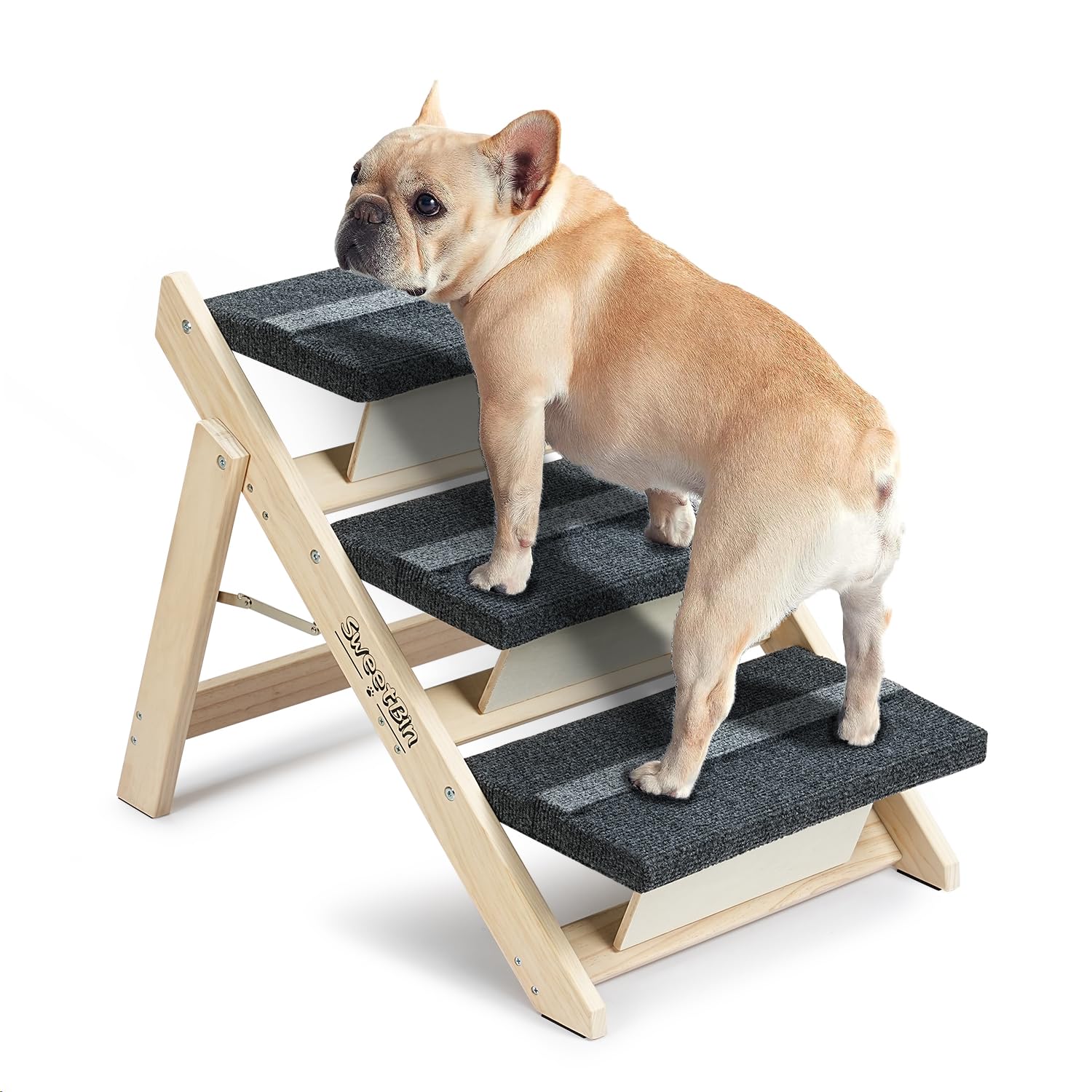 Holz-Haustiertreppe/Haustierstufen für alle Hunde und Katzen – 2-in-1 Faltbare Hundetreppe mit Teppichboden und 3 Ebenen & Rampe für Betten und Autos – tragbare Hunde-/Katzenleiter bis zu 54 kg
