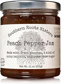 Southern Roots Sisters Peach Pepper Jam - Spicy - Made With Fresh Fruit and Pure Cane Sugar - 11 Ounce Glass Jar