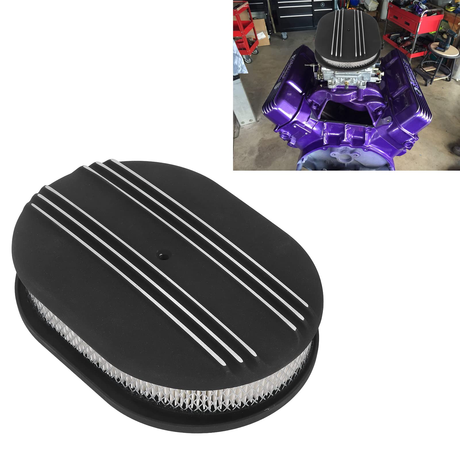 Focket Gruppo Filtro pulitore Aria Ovale 12 Pollici, Filtro Aria in Alluminio per carburatori 5-1/8, Filtro Aria con Coperchio Superiore Lavabile per per, per Dem
