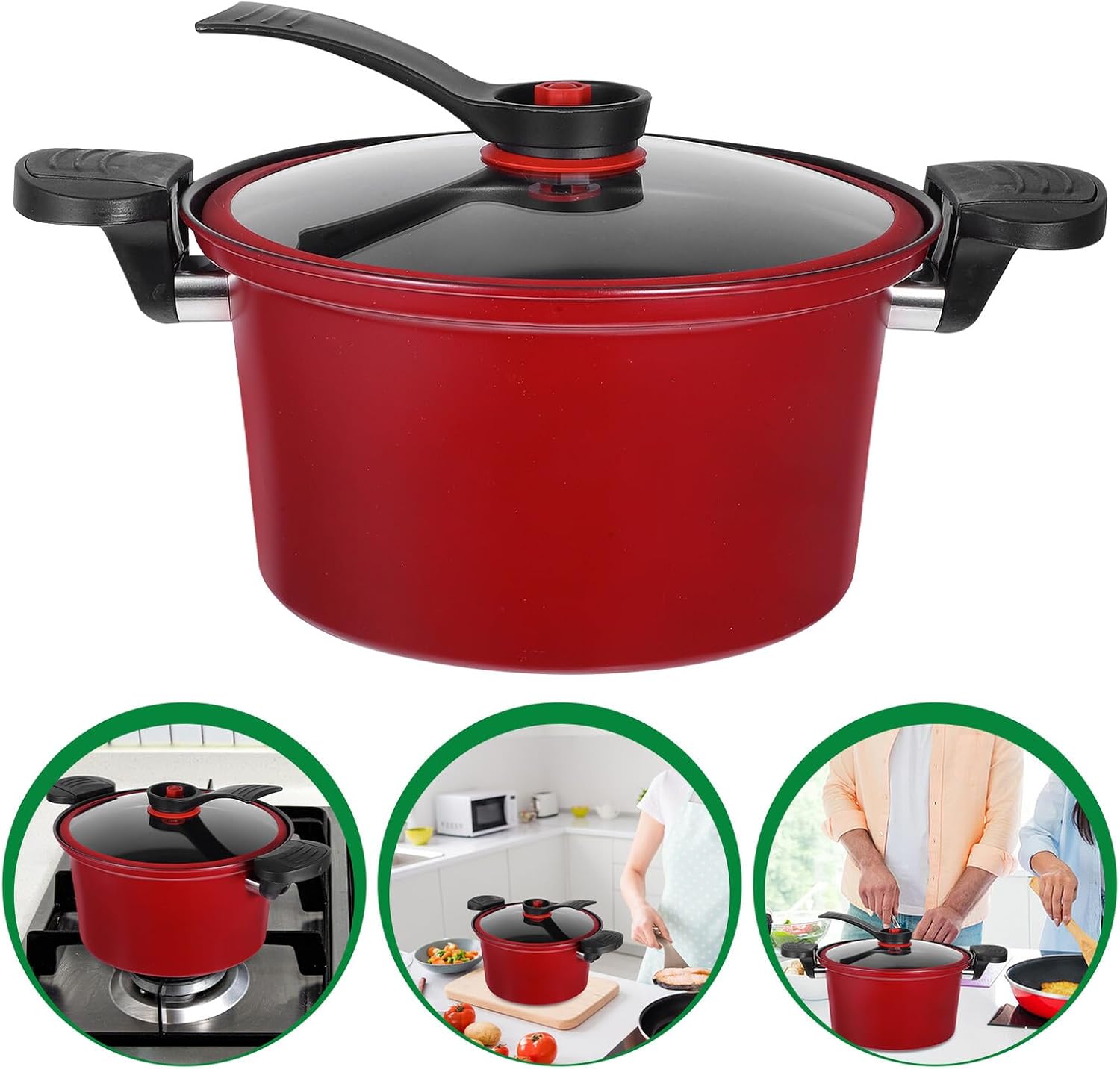 Low Pressure Cooker Red Multifunctional Household Cooking Pot with Double Handles Nonstick Micro Pressure Soup Pot for Gas and Induction Stoves Even Heating and High-temperature