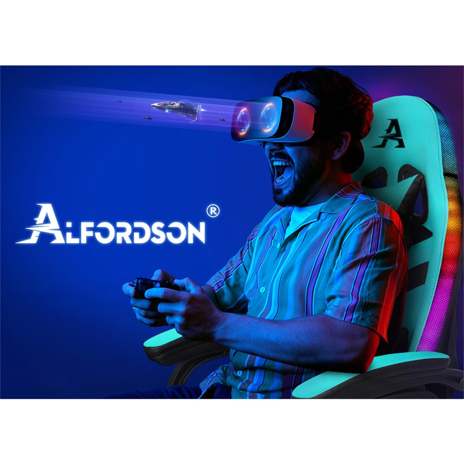 ALFORDSON Sedia da Gaming, Sedia da Gaming a LED con Illuminazione RGB a 12 Colori, Sedia da Gaming Massaggiante con Supporto Lombare, Poggiapiedi, Materiale PU, Ciano