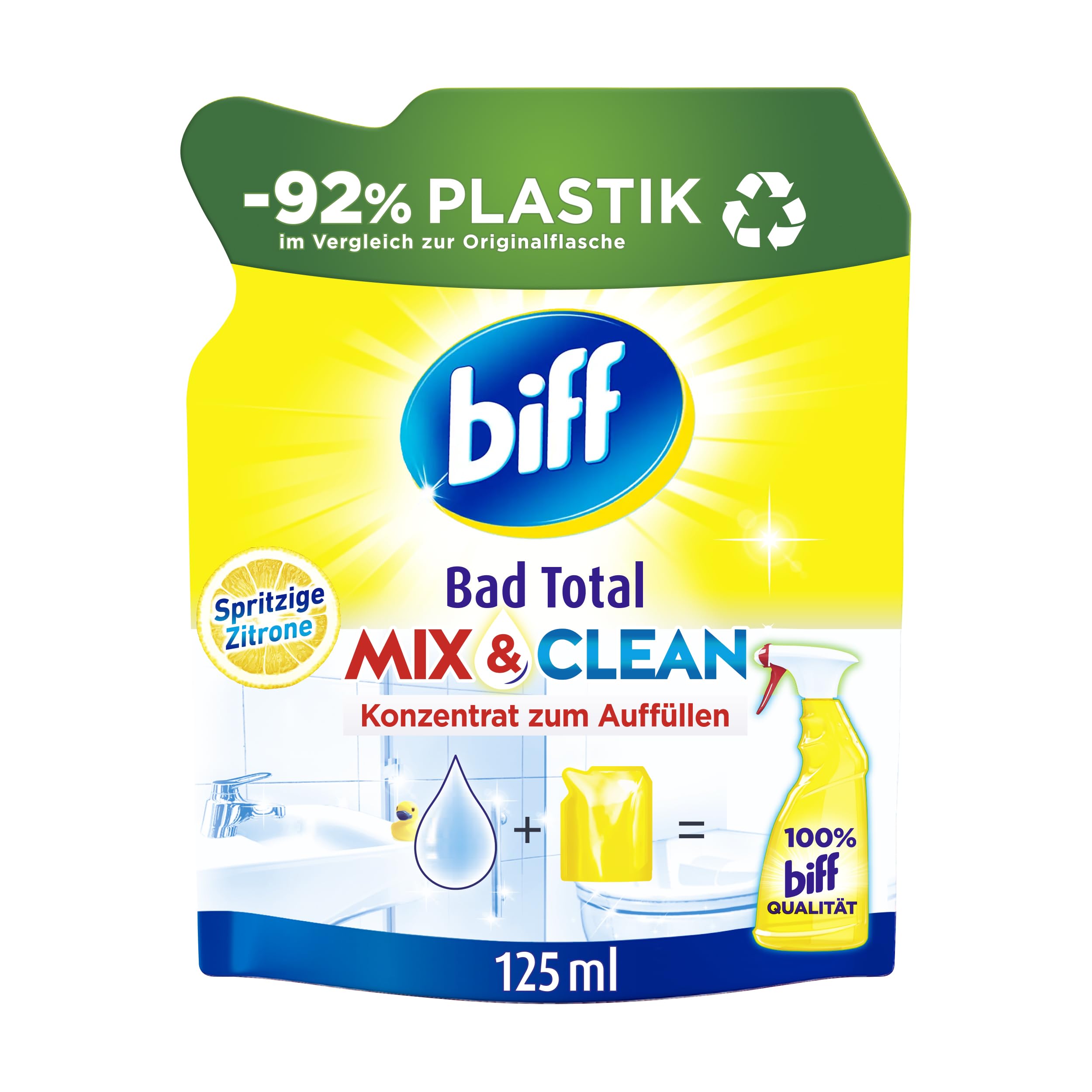 Biff Bad Total Mix & Clean Spicy Lemon Bathroom Cleaner (125 ml), Bathroom Cleaner Against Limescale & Dirt, Concentrate for Filling with 92% Less Plastic, Recyclable