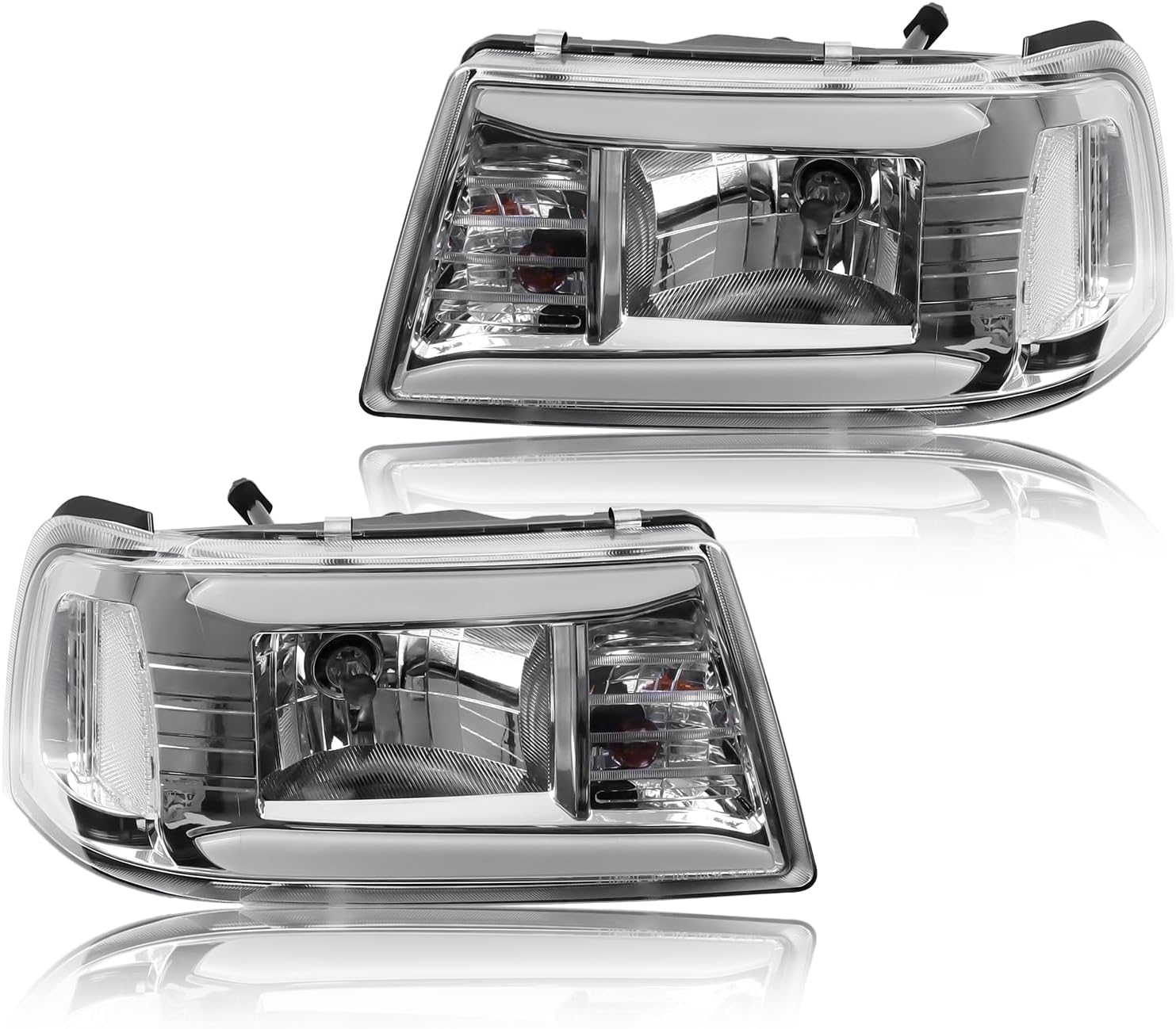 Upgraded Headlight Assembly with Corner Light Compatible with Ford Ranger 2001-2011 Headlamp, Pair of Integral Replacements with LED DRL Tube Light Bar, Black Housing Amber Corner, Left+Right