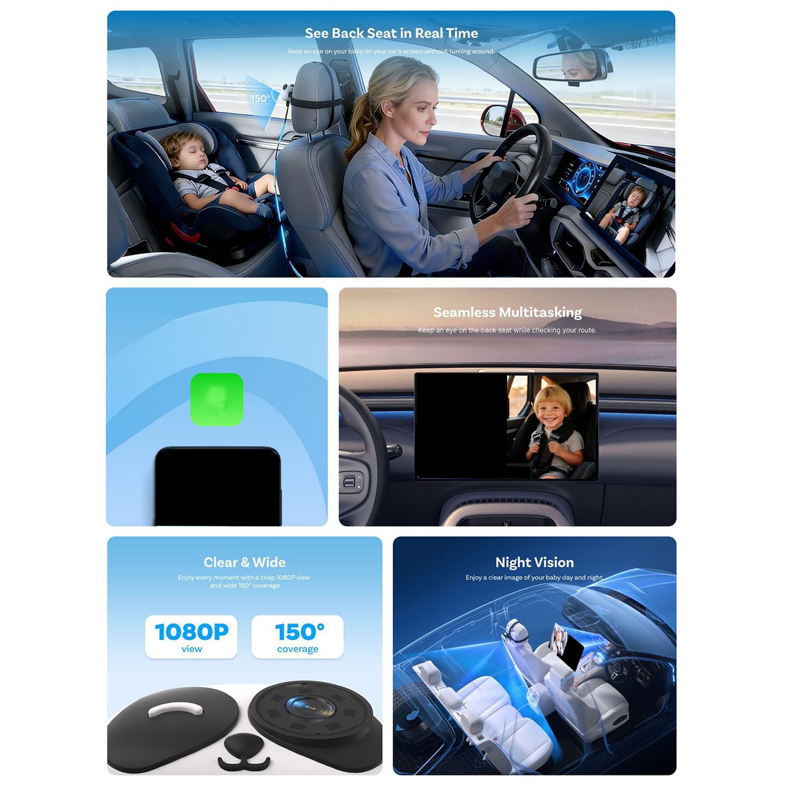 Cámara de coche para bebé y adaptador inalámbrico CarPlay 150 gran angular en tiempo real, cámaras de monitor de asiento trasero giratorio 360 grados 1080P HD, monitor de asiento trasero de