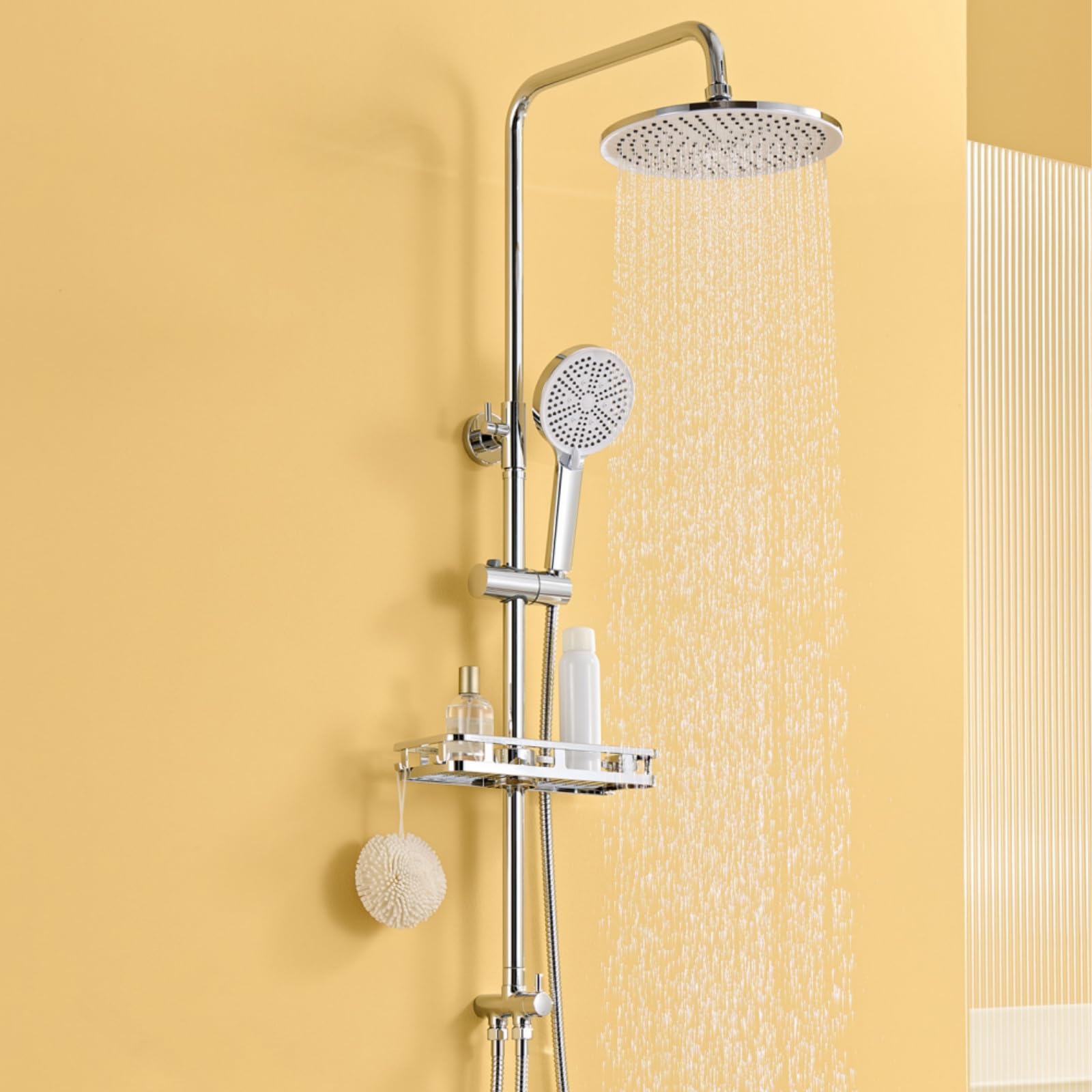 Auralum Round-Chrome Shower Riser Rail Kit With 10" Rainfall Shower Head, High Pressure 4-Mode Handheld & No-Drill Soap Dish, 68-108Cm Adjustable Shower Rail, Rain Shower Set (Without Mixer) For Uk Bathrooms
