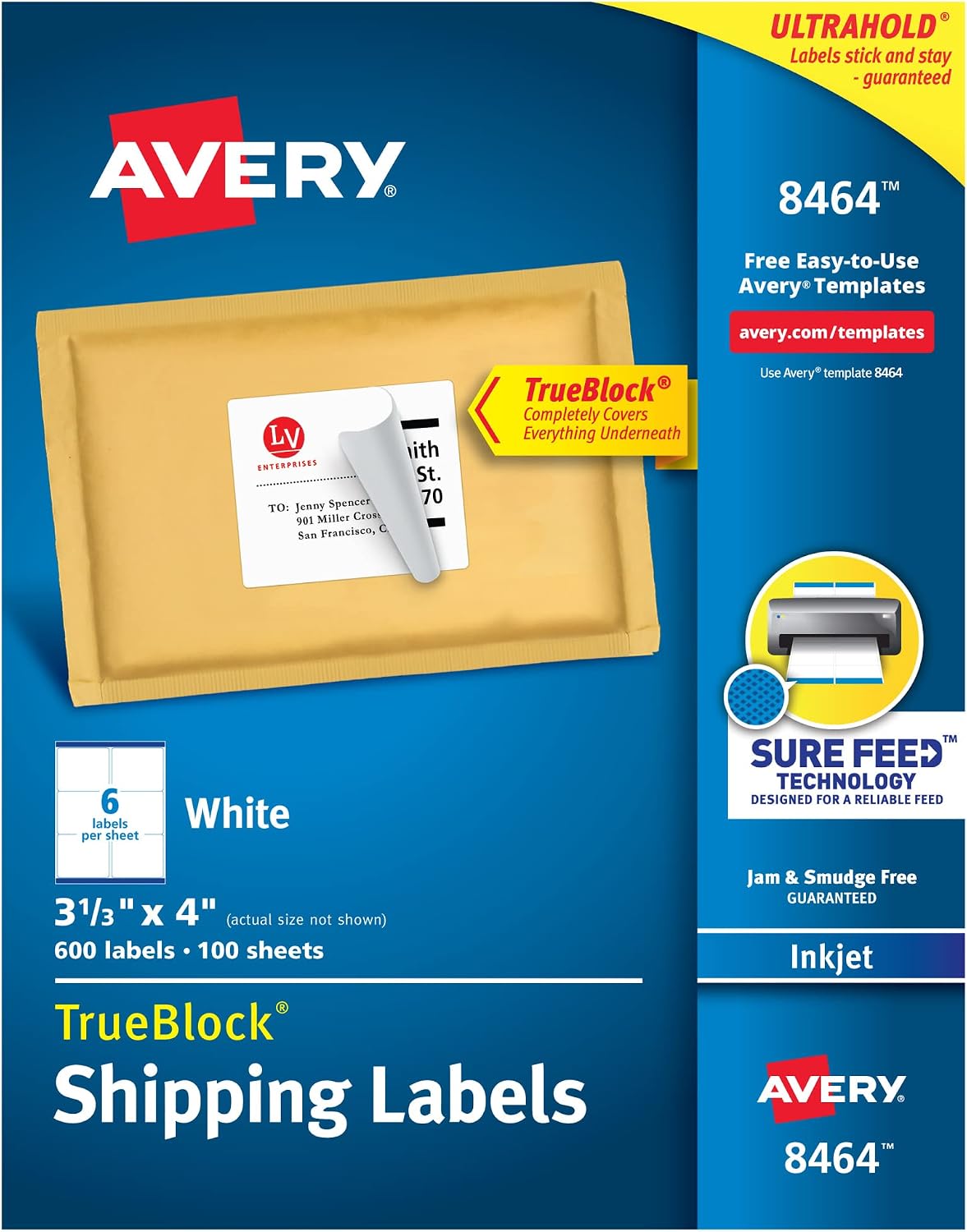 Avery Shipping Address Labels, Inkjet Printers, 600 Labels, 3-1/3x4 Labels, Permanent Adhesive, TrueBlock (8464)