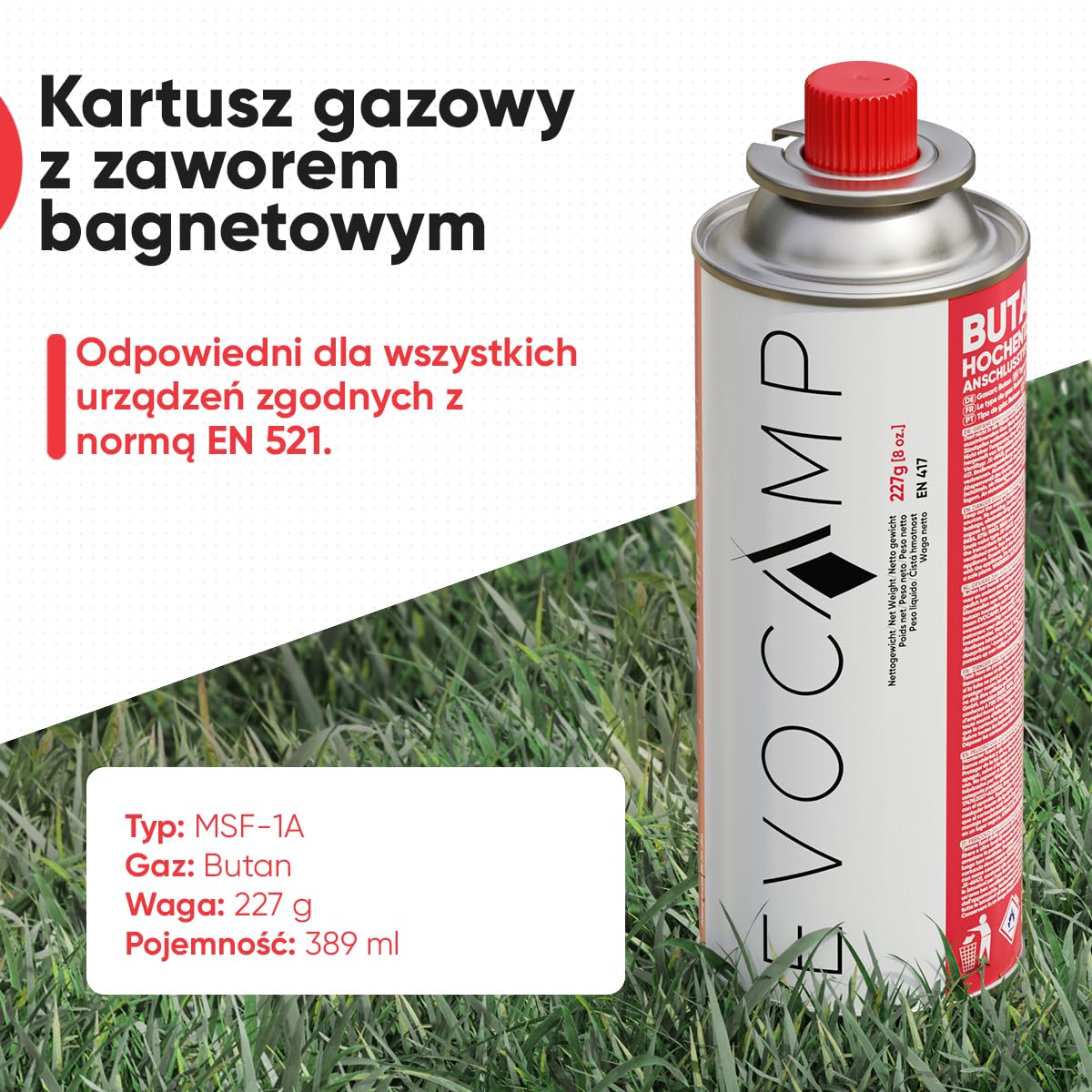 EVOCAMP 16 sztuk butanowych nabojów gazowych 227 g, typ MSF-1a, zawór bagnetowy, idealny do kuchenki kempingowej, ogrzewania gazowego, palnika do chwastów, na kemping, gaz butanowy, uniwersalna puszka