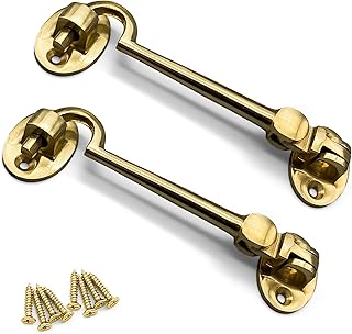 onesto Pack 2 Brass Cabin Hook Silent Type 100mm – Solid Brass Door Latch for Gates, Sheds, Windows & Cupboards – Traditional Quiet Design with Fixings