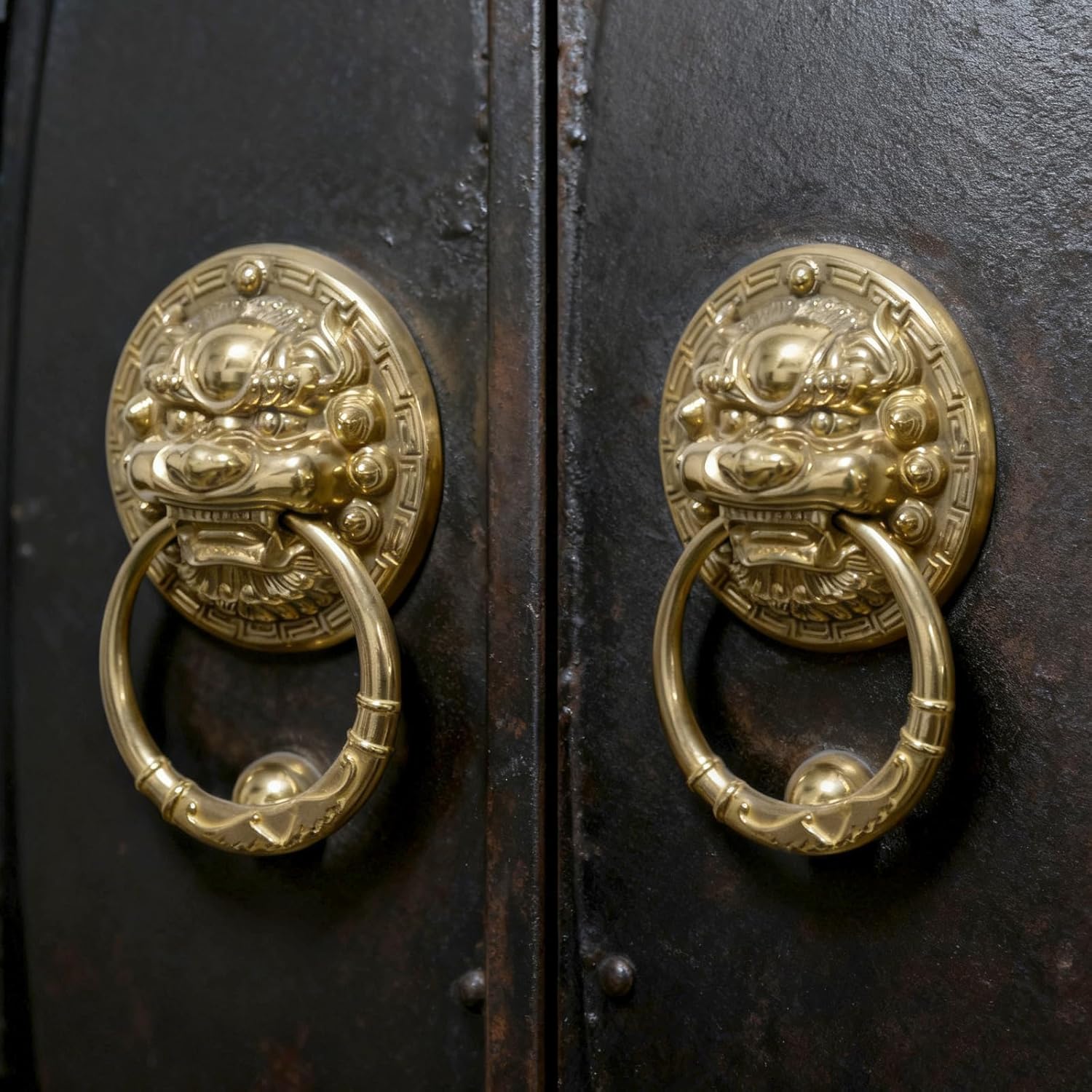 Door Knockers for Front Door,6.7 Inch Solid Brass Lion Head Shaped Vintage Door Knocker with Strike Plate,Heavy Duty Decorative Gate Pull Handle with Mounting Hardware (Gold)