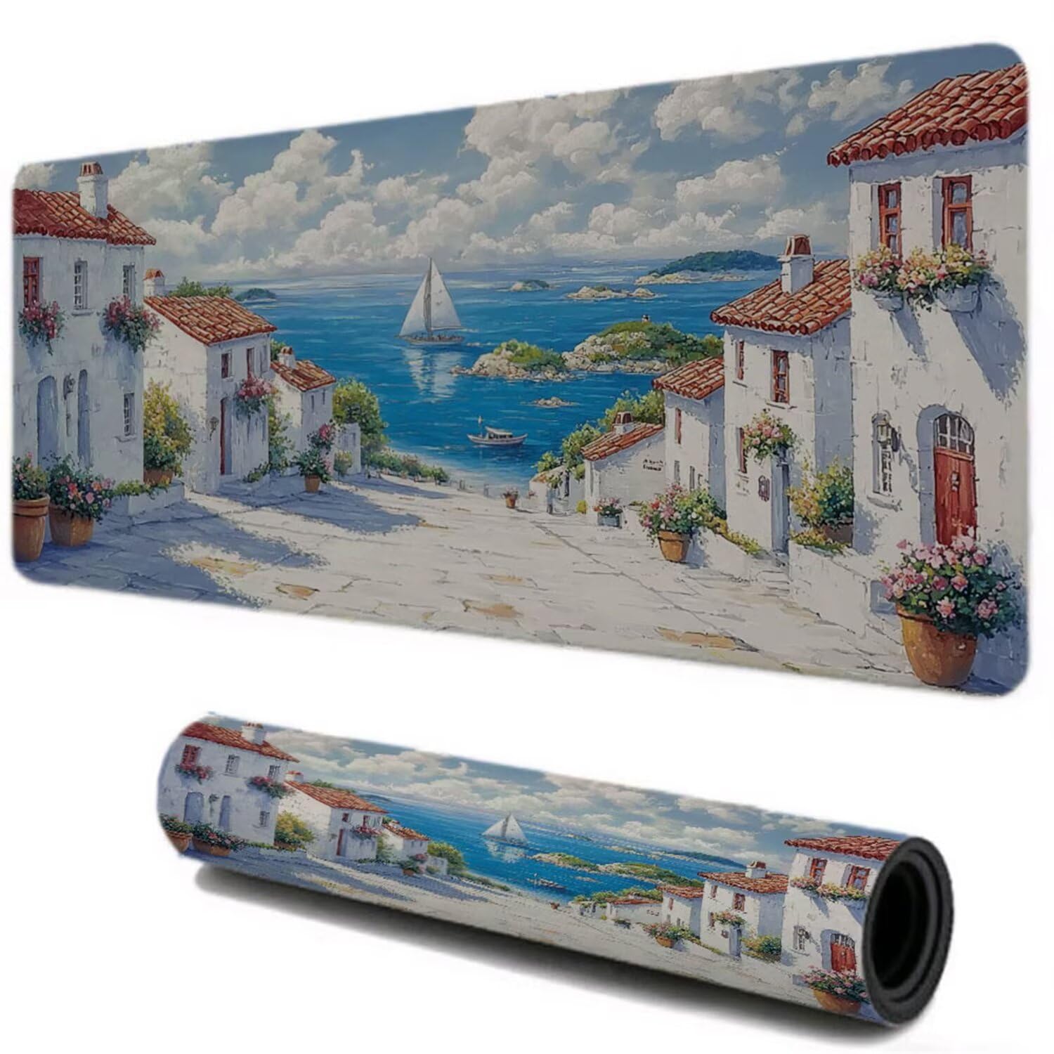 Podkładka pod mysz, podkładka pod mysz dla graczy XXL 1200x600, wysoka precyzja i prędkość pod biurkiem ręcznym, antypoślizgowa gumowa podstawa, akcesoria biurowe do laptopa PC (łódź przy morzu) I-507