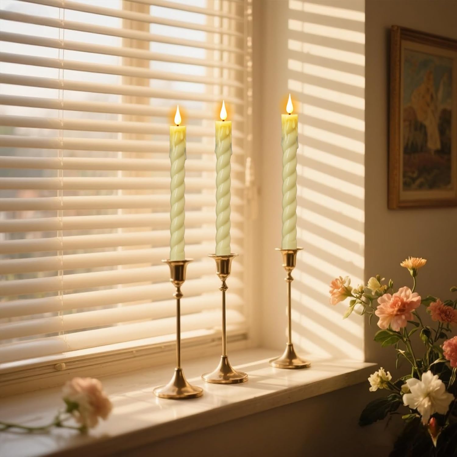 Eldnacele Flameless Flickering Taper Candles with Remote and Timer, Battery Operated Spiral Window Plastic Candles Ivory LED Candlesticks for Dinner Home Indoor Holiday Decor(2pcs, D0.78×H9.65)