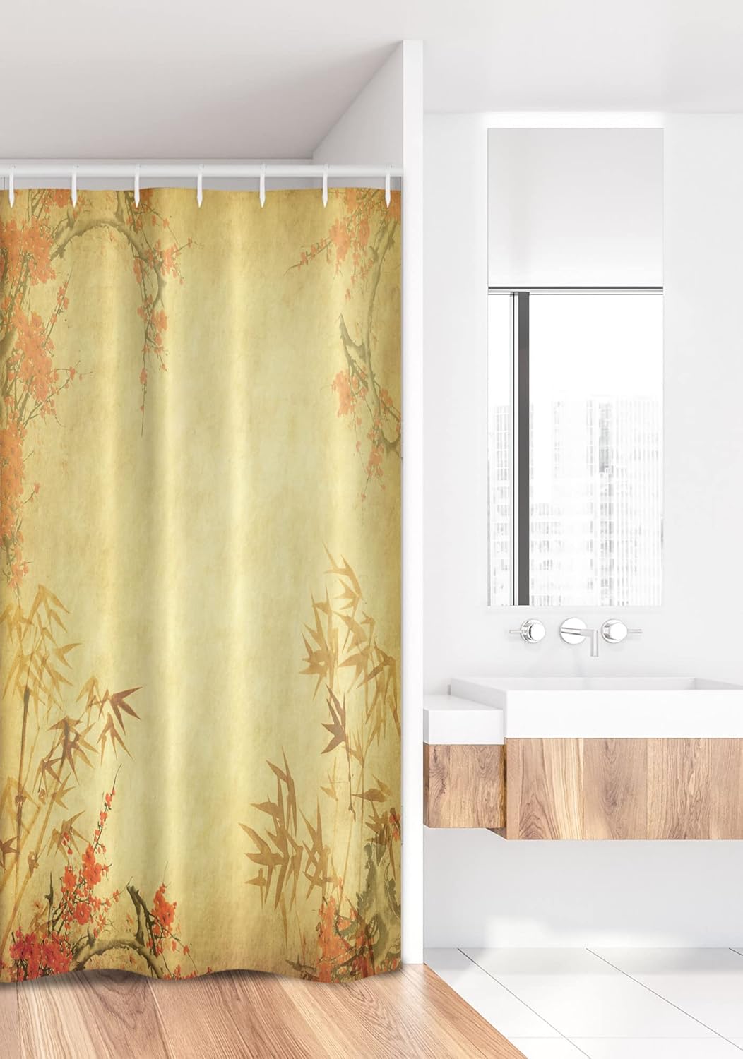 Ambesonne Bamboo Print Stall Shower Curtain, Bamboo Stems and Blooming Flower Antique Grunge Background Oriental, Fabric Bathroom Decor Set with Hooks, 36" W x 72" L, Mustard Vermilion