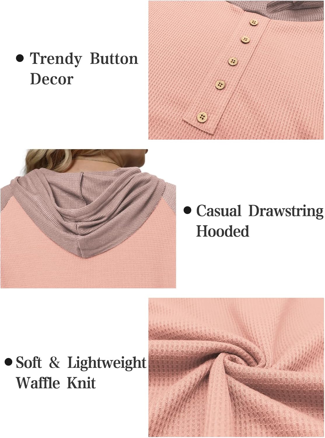 VISLILY Plus-Size-Hoodies for Women Trendy Color Block Tops Raglan Long Sleeve Drawstring Button Hooded Waffle Sweatshirts - Image 6