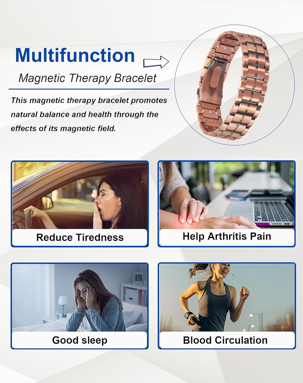 Copper Bracelets for Men, Pure Copper Magnetic Bracelet with Three Row 3500 Gauss Magnetic, Men's Fold Over Clasp Jewelry(4760) - Image 5