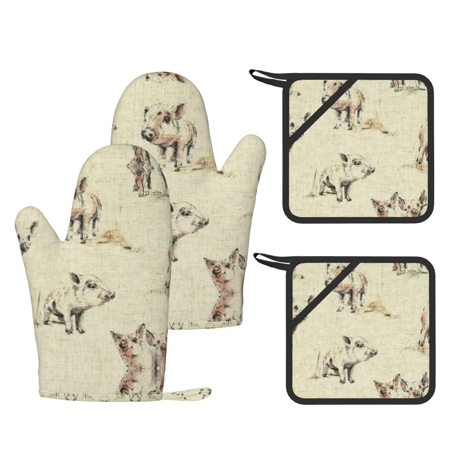 Pig Background Printed Oven Gloves and Hot Pads Set of 4, High Heat Resistant Silicone Mitts for Cooking BBQ