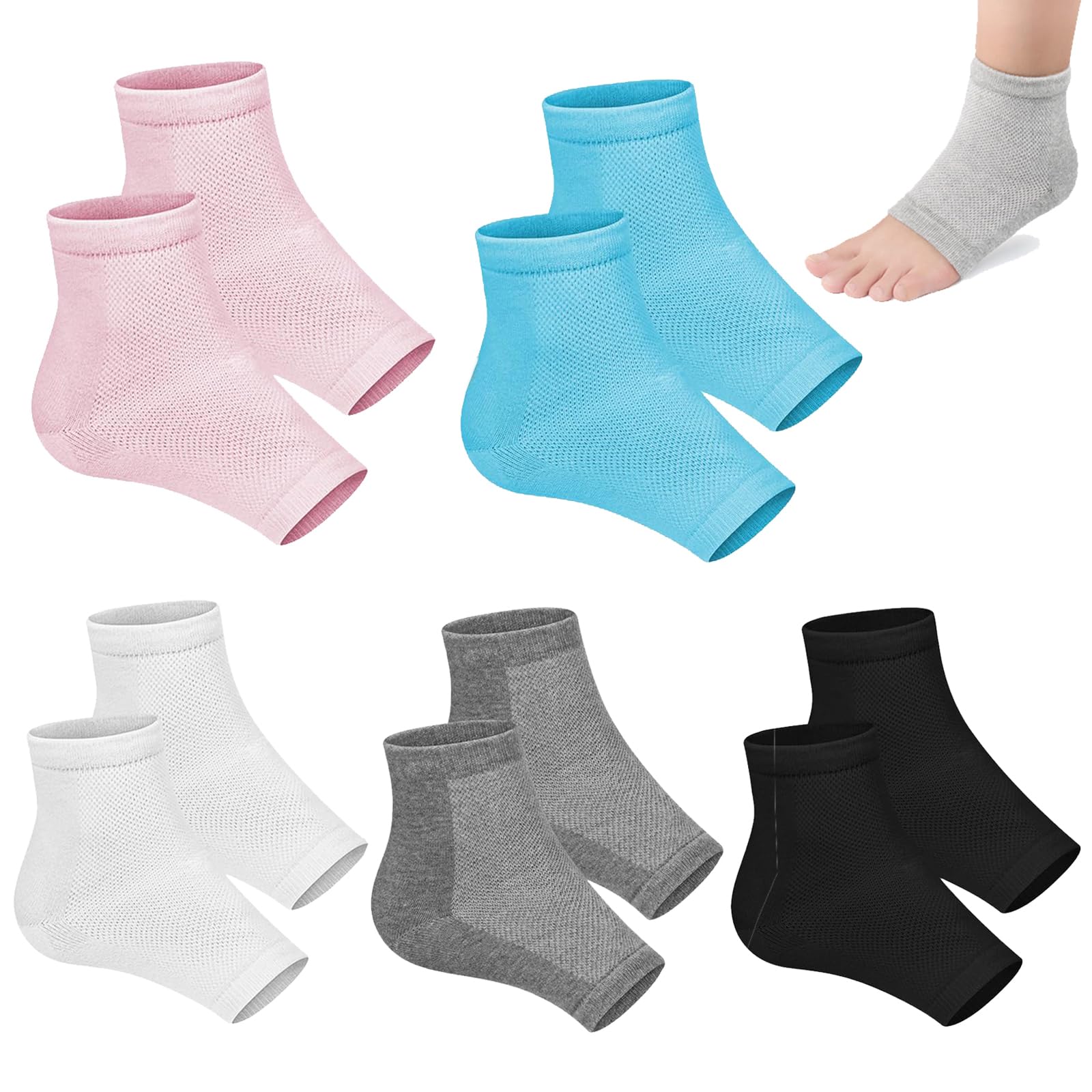 STAYOUNG 5Pairs Heel Gel Socks - Moisturizing Ankle Sleeves, Soft Cotton+Gel, Universal Size, for Women Men to Repair Eczema Rough Pain Relief(Black+White+Grey+Pink+Blue)