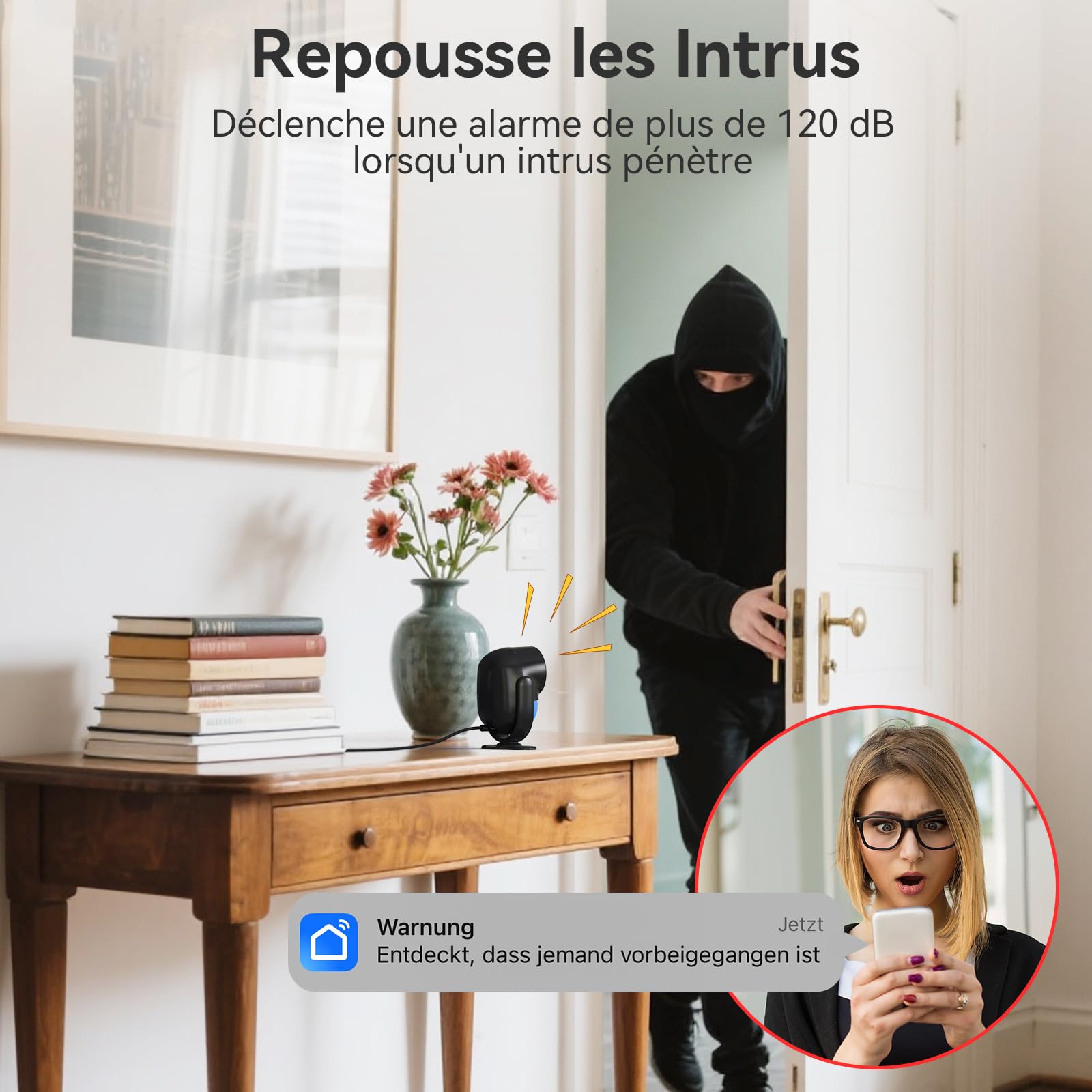 CPVAN Alarme Maison sans Fil, 2.4GHz WiFi PIR Détecteur de Mouvement avec Alertes APP, PIR Alarme Hôte + 2 Télécommandes + 4 Capteurs de Porte/Fenêtre,Noir