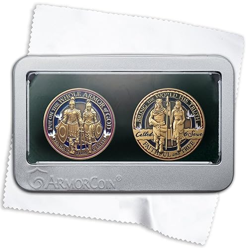 Moneda Armor of God y Called to Serve Challenge Monedas en caja de lata de lujo – Juego de 2 monedas de desafío con paño de pulido adicional