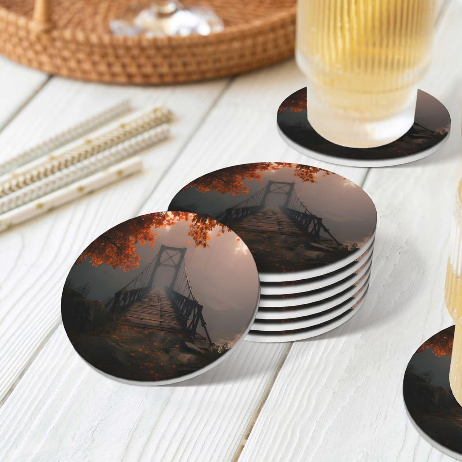 (Bridge) Ceramic Coasters Set of 6 with Holder Non-Slip Round Coffee Coasters for for Cup Mug Drink Patio Coffee Table Decor, Christmas Coasters Home Bar Supplies