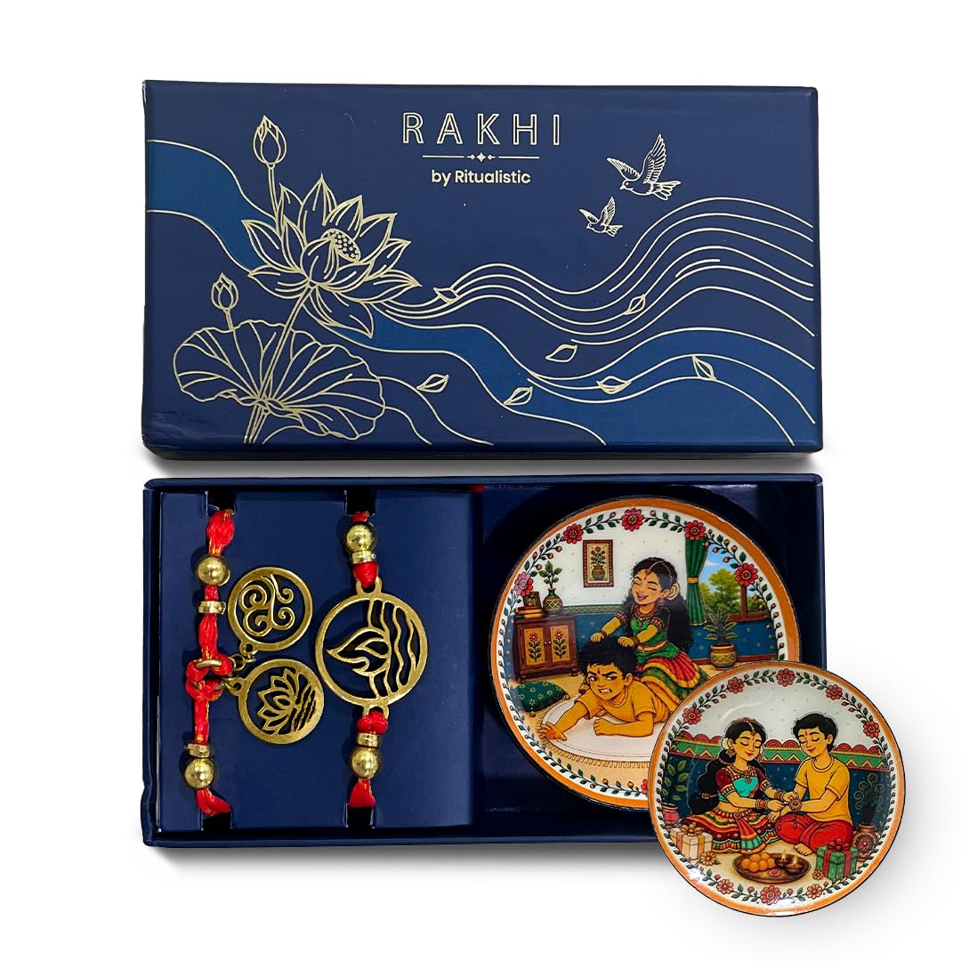 ritualistic Rakhi Set for Brother and Bhabhi | Pure Brass Rakhi & Lumba | Bhaiya Bhabhi Rakhabandhan Set with 2 Fridge Magnets | Gift for Brother | Rakhabandhan Hamper | Raksha Bandhan Gift-picture-45