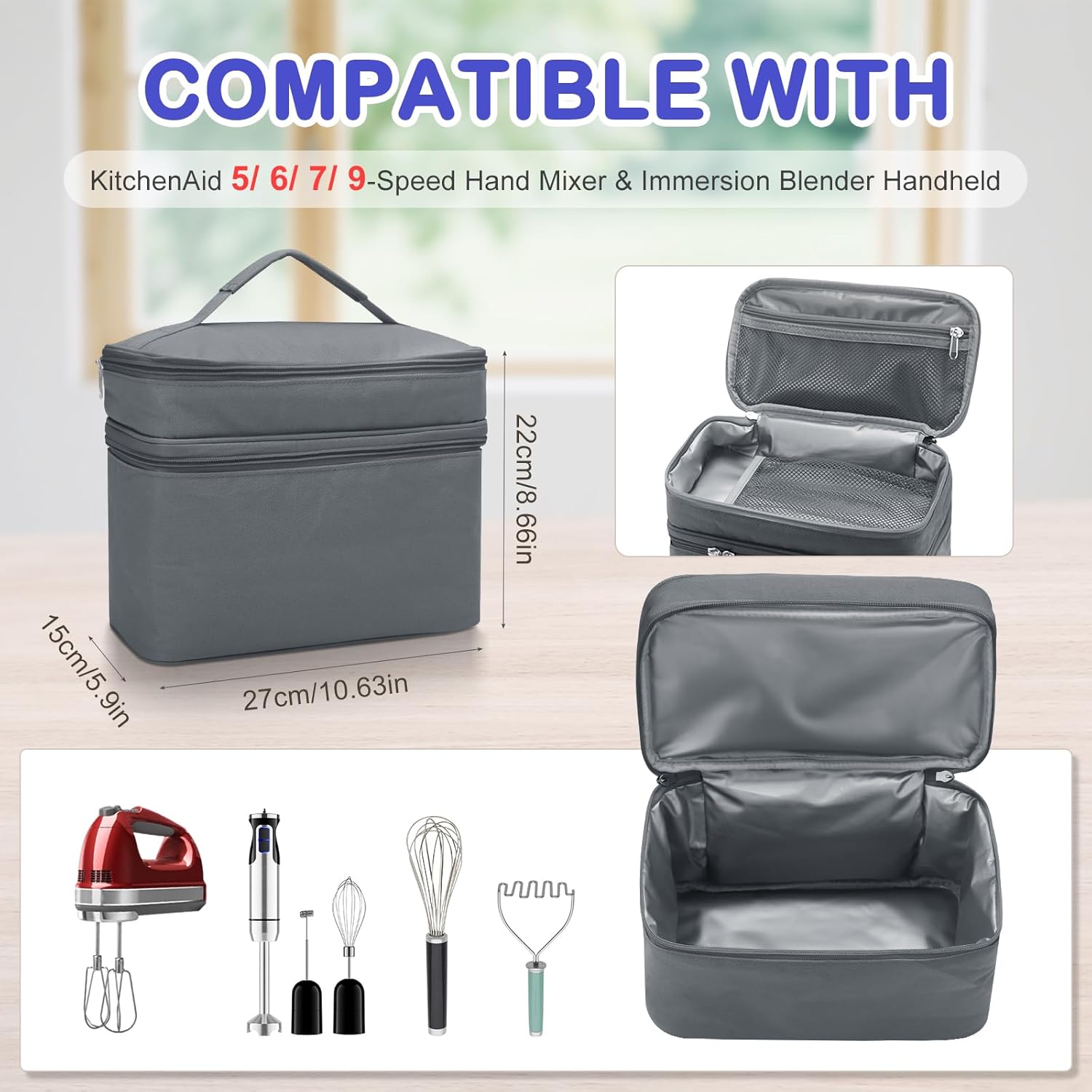 Hand Mixer Case for Kitchen Aid - Immersion Blender Attachments Storage Bag Blender Stick Handheld Carrying Case with Handle Hand Mixer Accessories, Portable Travel Organizer (Bag Only) Gray
