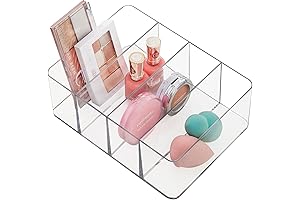 Stori Bliss 4-Compartment Stackable Space-Saving Clear Plastic Vanity Storage | Divided Makeup Organizer Bin