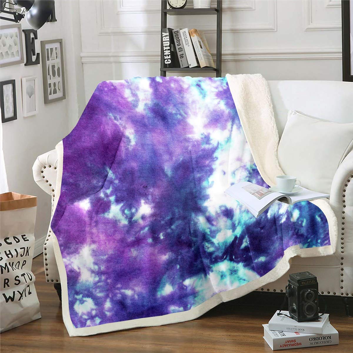 Loussiesd Tie Dye Sherpa Blankets Boho Watercolor Throw Blanket Purple Blue Tie Dye Fleece Blankets for Couch Sofa Travel Women Room Decor Bohemian Gypsy Plush Throw Blankets Single 50"x60" — image 1