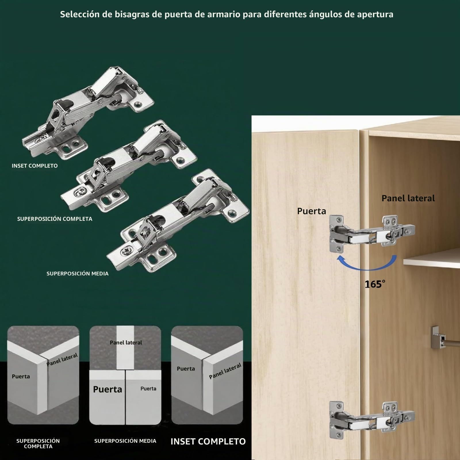 Bisagras para armario de cocina (1 par, 2 unidades), bisagras de 165º de media superposición para puertas rinconeras Lazy Susan, puertas de esquina