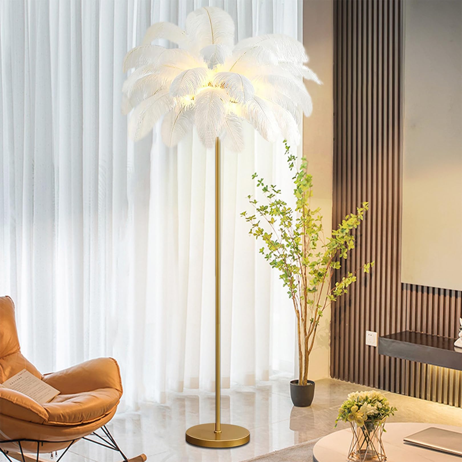 ANram Floor lamp with G4-LED Bulb,Ostrich Feather Lamp with 48 Feathers Lampshade Gold Standing LampSuitable for Living Rooms Girl Bedroom Tall Corner Reading lamp