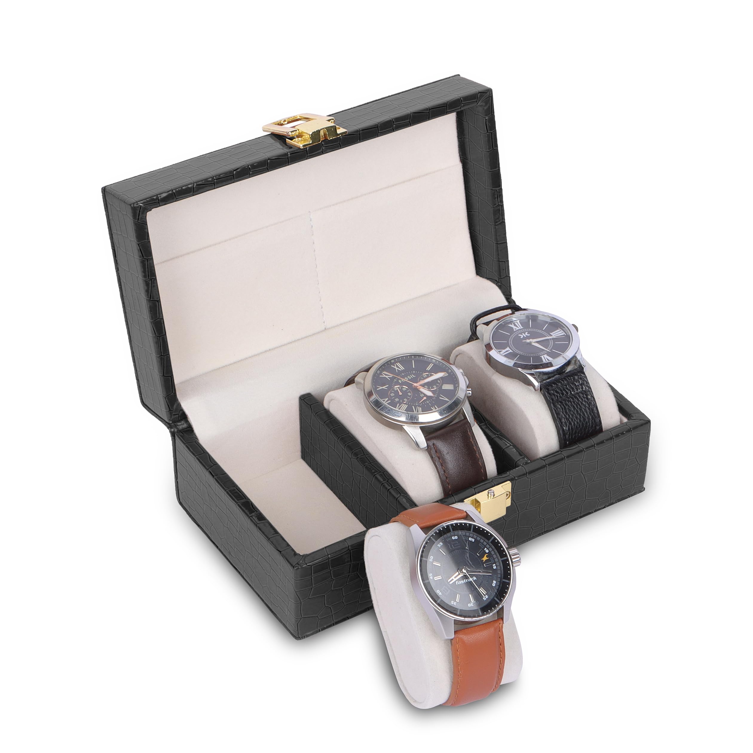 Vegan Leather Wristwatch Box Organizer / 3 Slot Rectangular Travel Watch Case for Men & Women in Black (B0C2KV46ND) Amazon Price History, Amazon Price Tracker