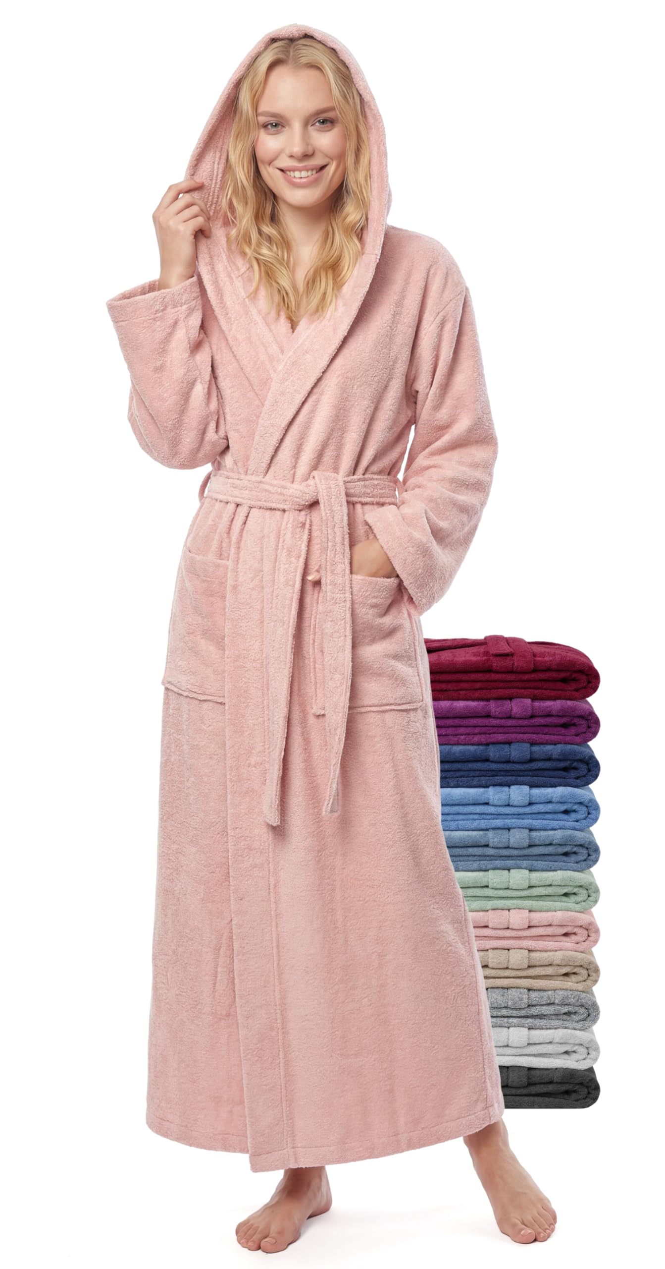 Accappatoio Donna Extra Lungo con Cappuccio – 100% Cotone Spugna 380 g/m² – Vestaglia Sauna e Spa, Lunghezza alla Caviglia, Morbido, Assorbente, Taglie S–XXL