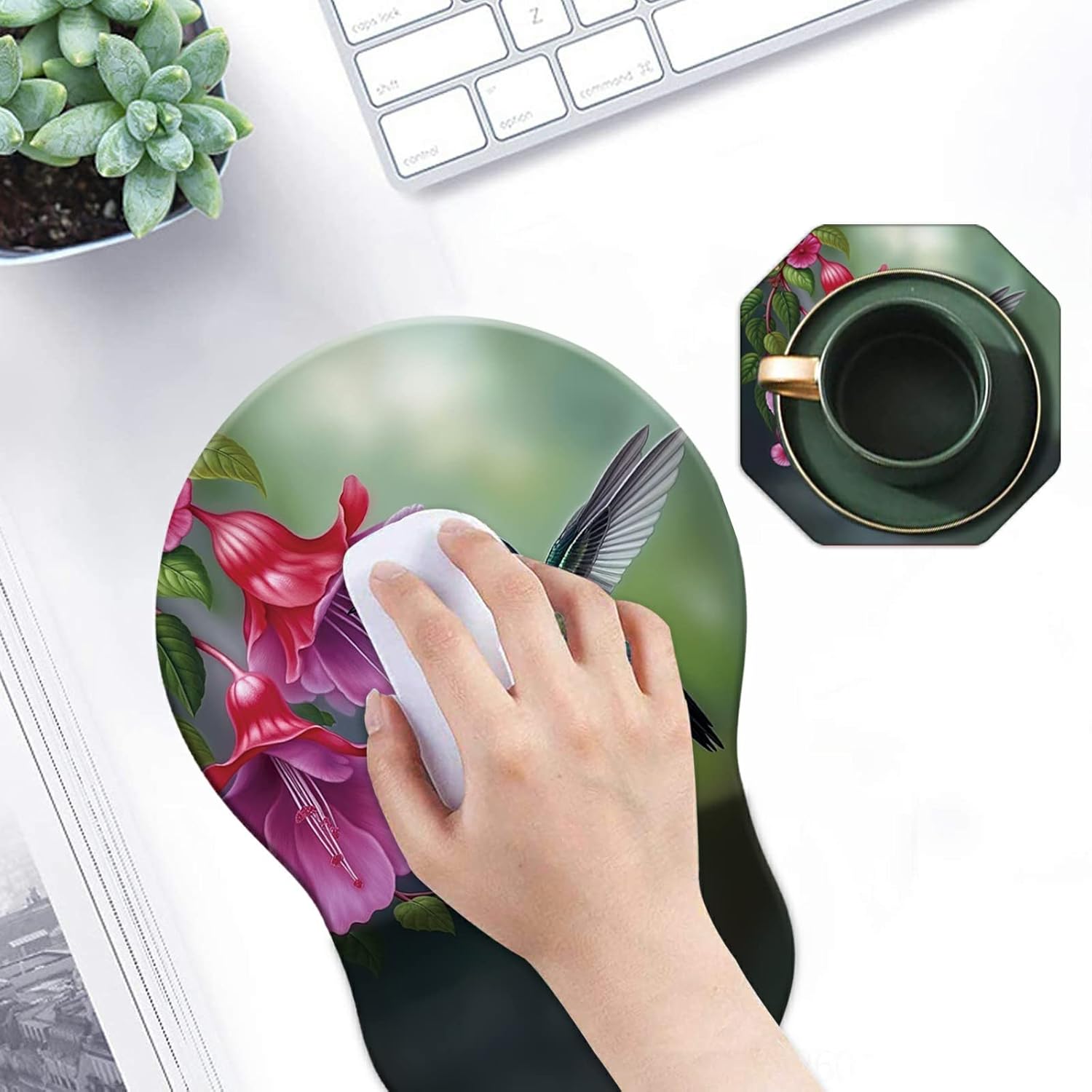 Mouse Pad with Wrist Support Gel Hummingbird Flower Pattern Design Ergonomic Gaming Mousepad with Wrist Rest for Laptop Computer Home Office Working Mouse Mat + A Cute Coffee Pad