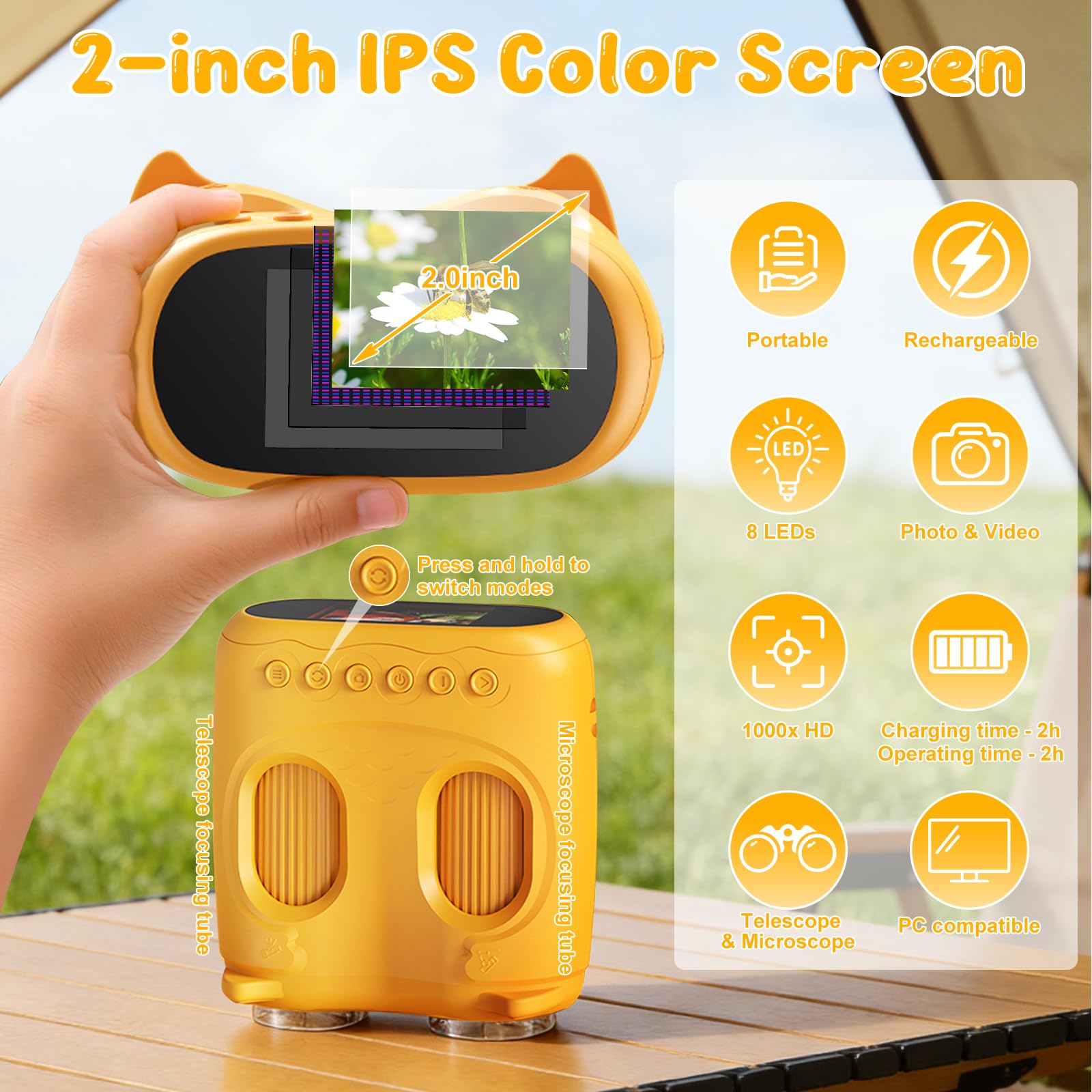 Yuning Microscopio Digital para Niños, 1000X 4K Microscopio y Telescopio 2 en 1, Mini microscopios Digitales Portátiles con 2.0" Pantalla y 8 Luces LED, microscopio de Bolsillo para Niños Regalo Edu