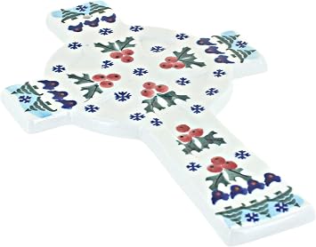 Blue Rose Polish Pottery - Frosty Duo Cross - 8.75" x 5.5" - Ceramic Wall Cross, Festive Christmas Design for Religious Decor & Holiday Gifting