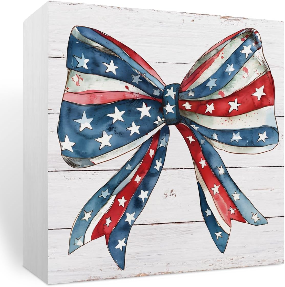 Patriotic Bow Box Sign 7x7 Inch Rustic Wood Shelf Decor