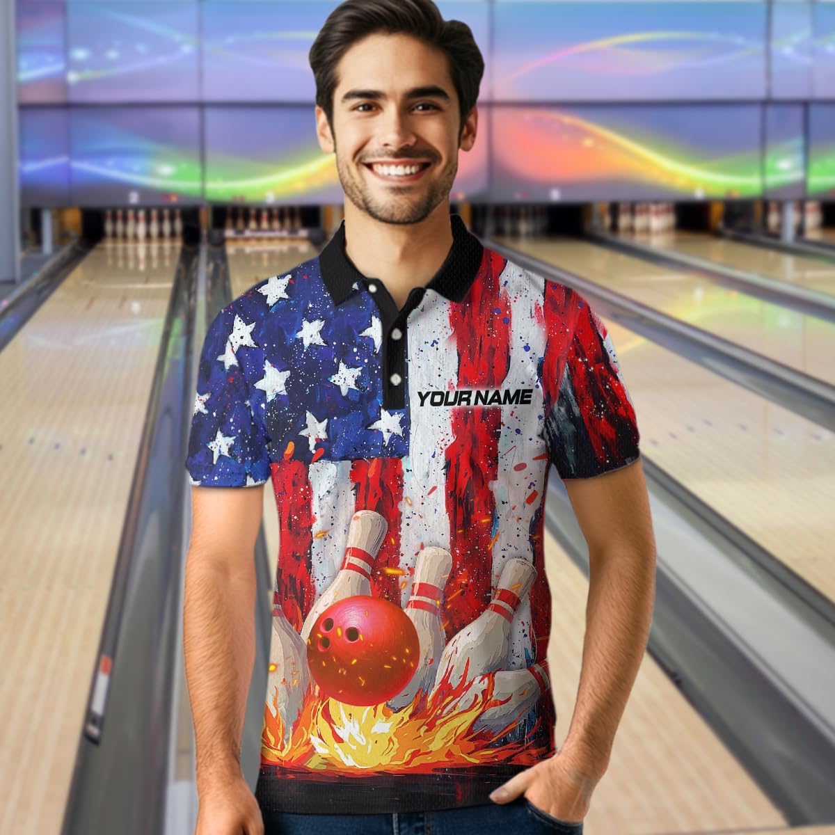 American Flag Fire Bowling Shirt Custom Fire Bowling Jersey for Men Women Patriotic Bowling Polo & 1/4 Zip Shirt for Bowlers