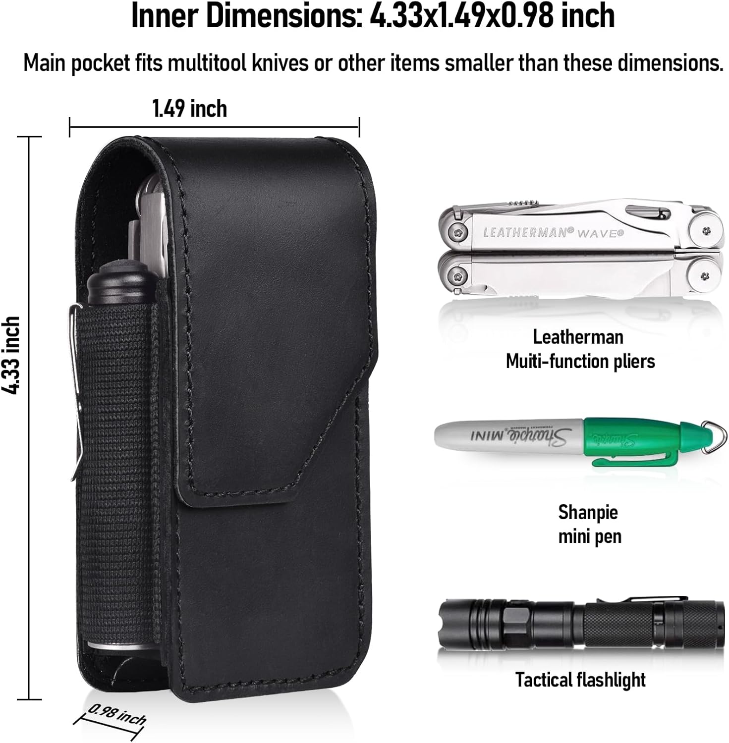 Black Leather Multitool Sheath Compatible with Leatherman Wave Plus Wingman Surge Rebar Multi Tool Holster with Belt Clip