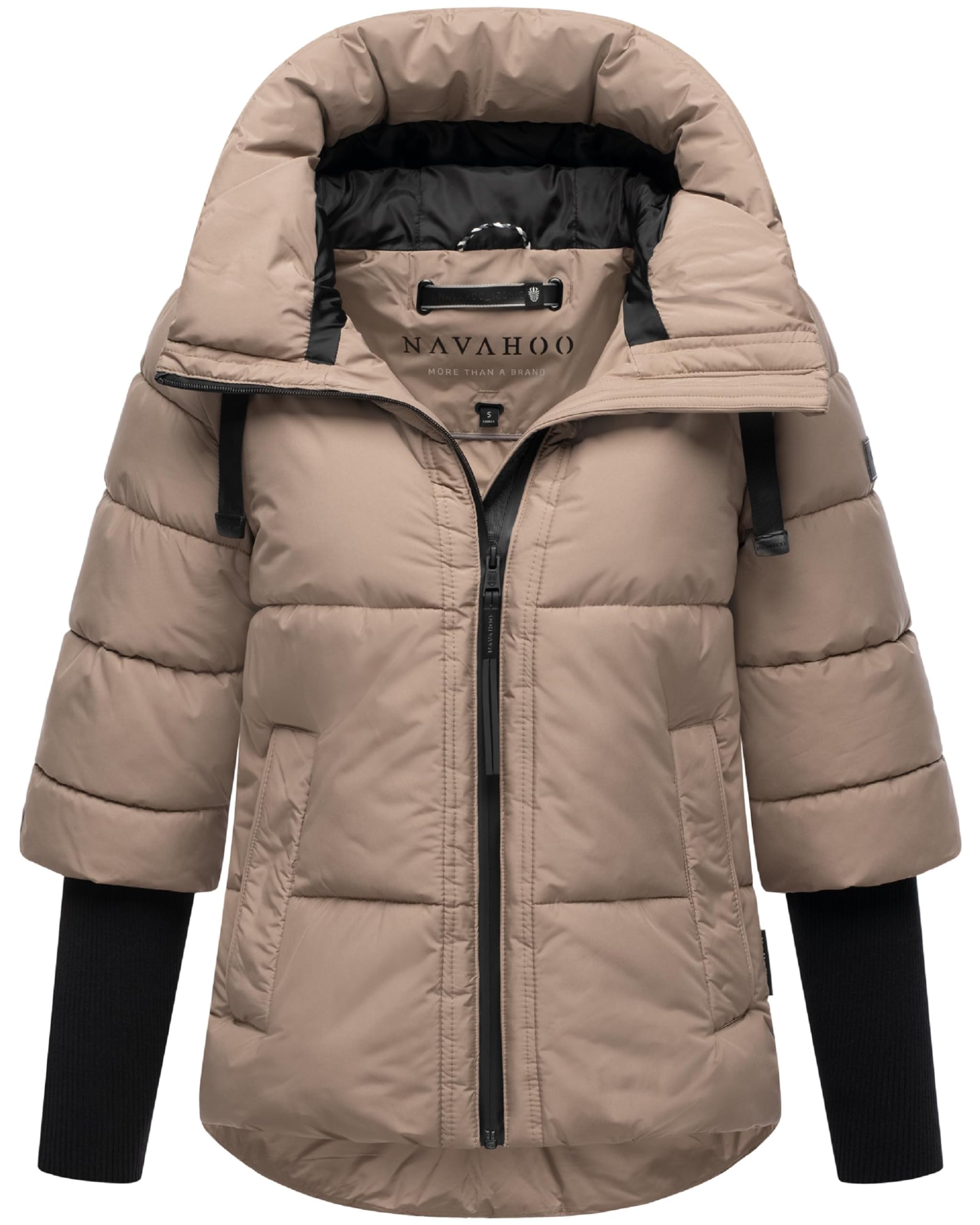 Navahoo Women's Taupe Grey Modern Winter Jacket Warm Quilted Jacket With Hood And Ribbed Knit Sleeves Lotus Heart Xiv Xs-3Xl, Xs