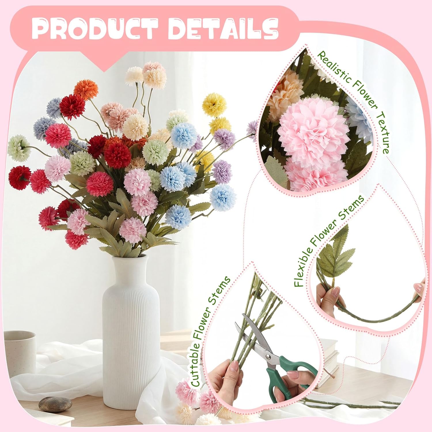24 Pcs Artificial Chrysanthemum Flowers Faux Kiku Pompon Mums Silk Floral Picks for Spring Wedding Centerpieces DIY Bouquet Home Decor(Colorful)