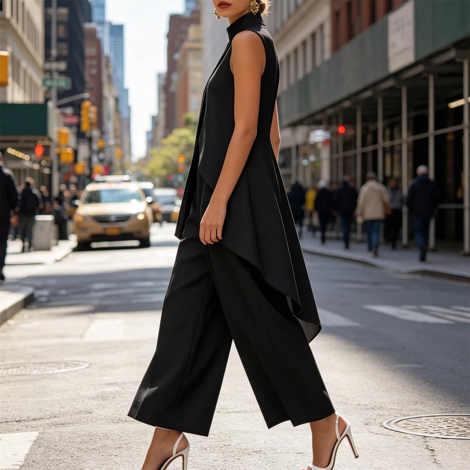 Generisch Elegantes Zweiteiler-Set für Damen: Ärmelloses Oberteil mit Stehkragen und asymmetrischem High-Low-Saum sowie weite Chiffon-Hose – Festlich & Formal