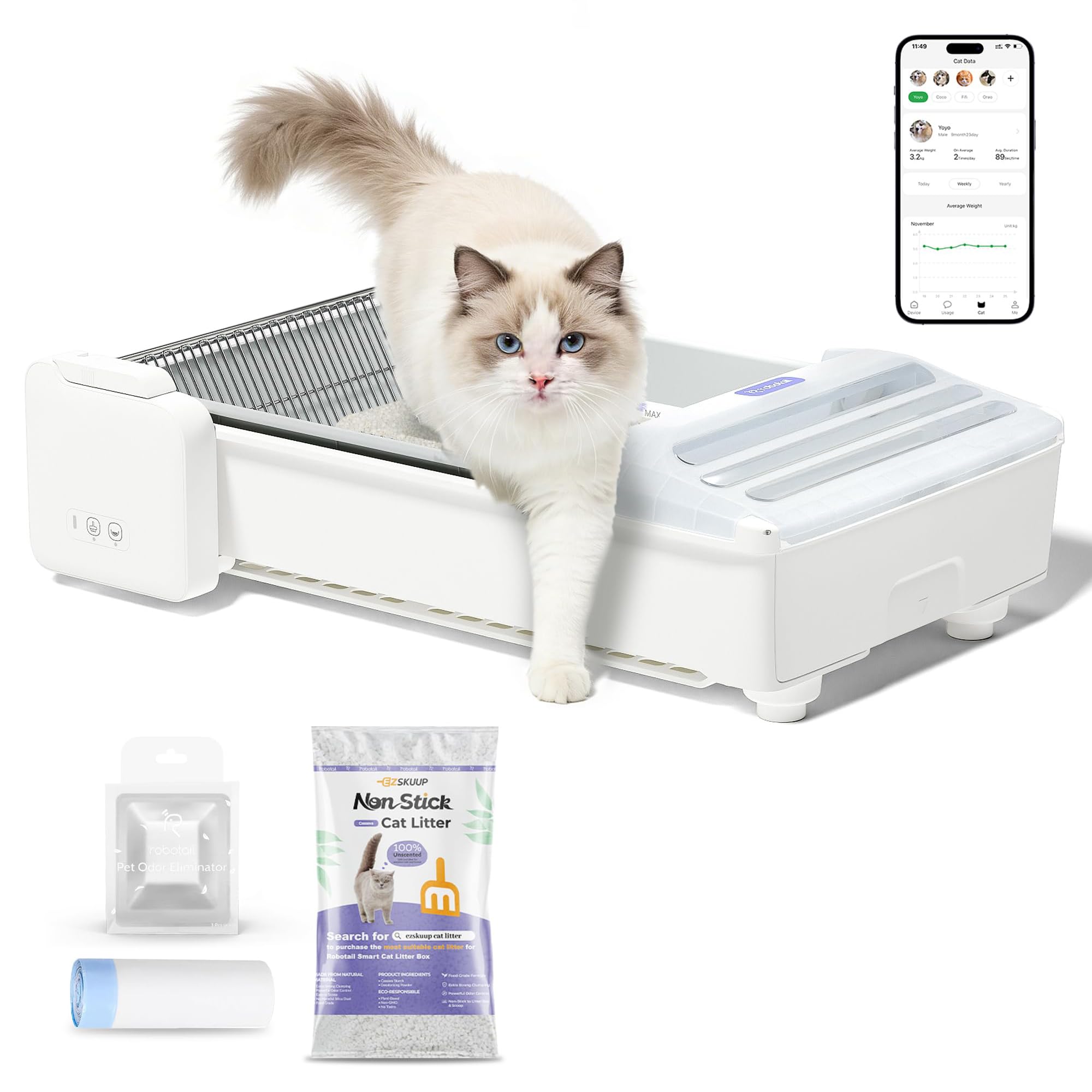 Open-Top Self Cleaning Cat Litter Tray Large Automatic Litter Tray, White