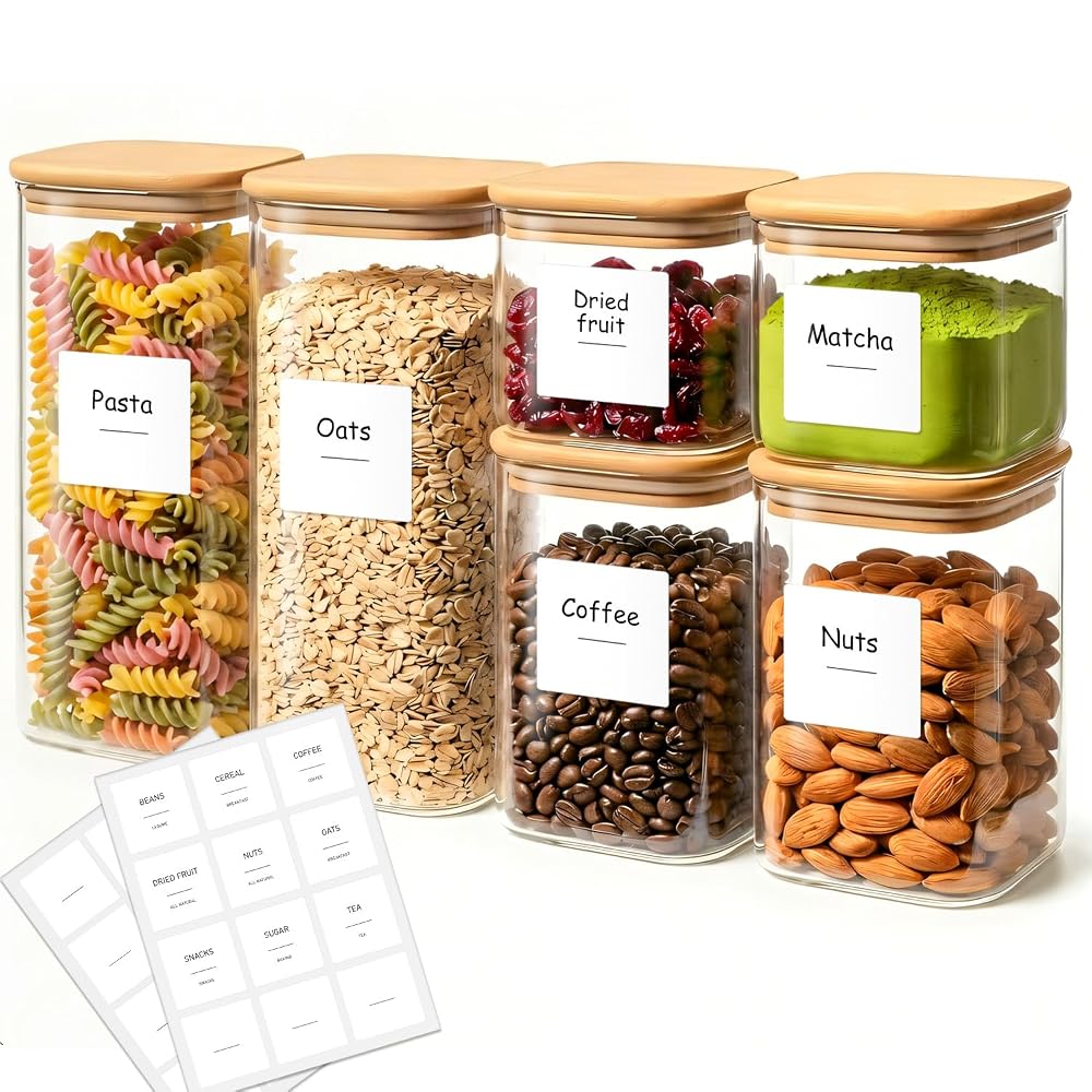 Glass Pantry Storage Containers with Lids 0.6/1.2/1.9 Qt 6 Pack